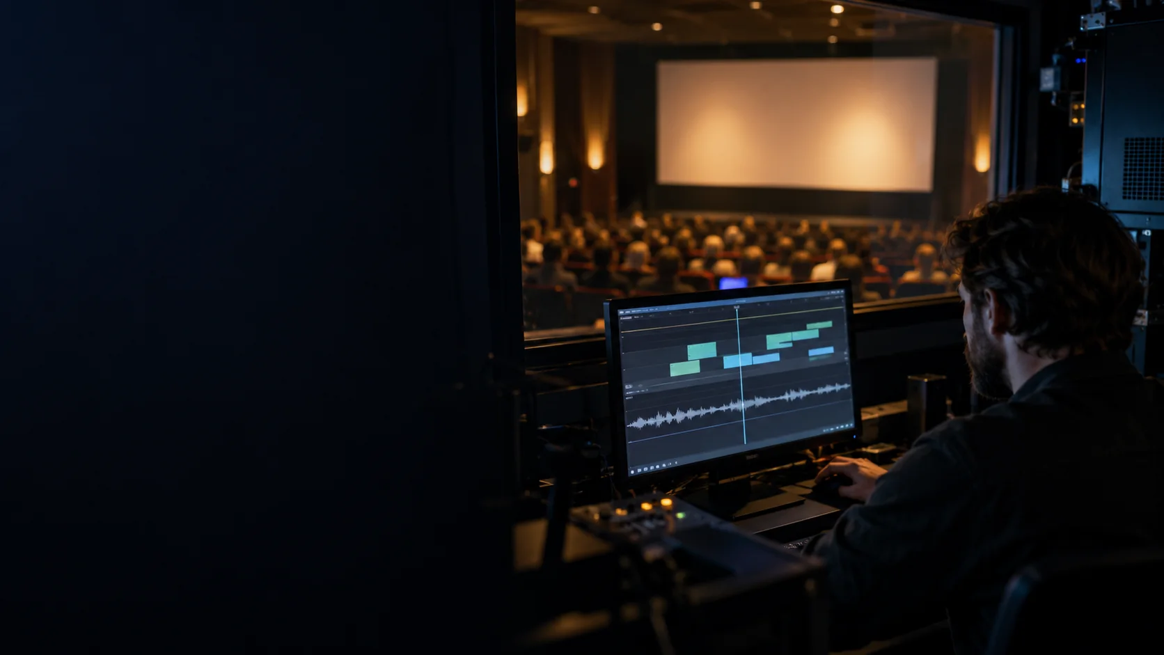 Illustrative photograph of a cinema technician checking caption timing and audio before a screening