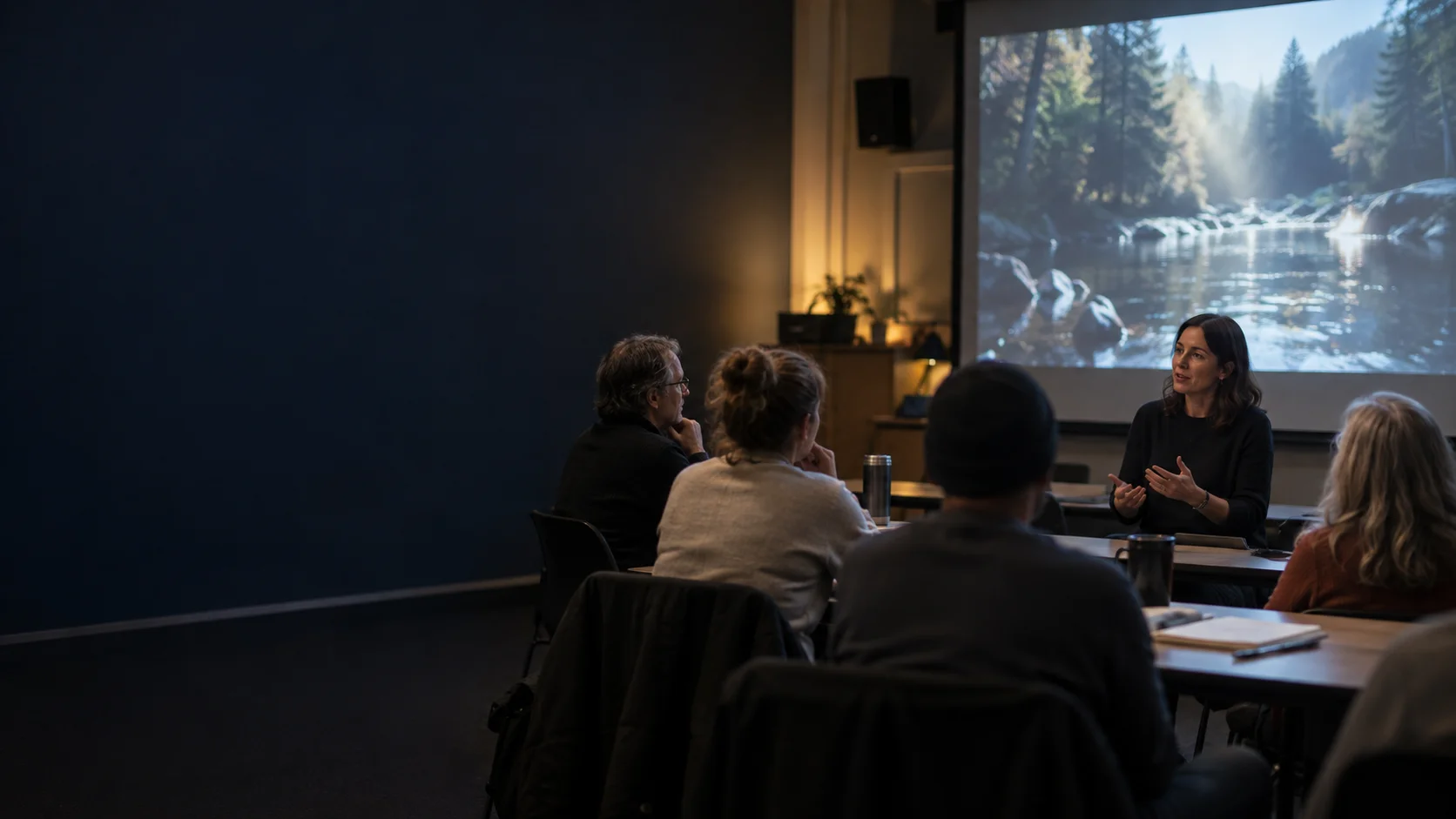 Adult learners discussing a documentary in a classroom after a screening