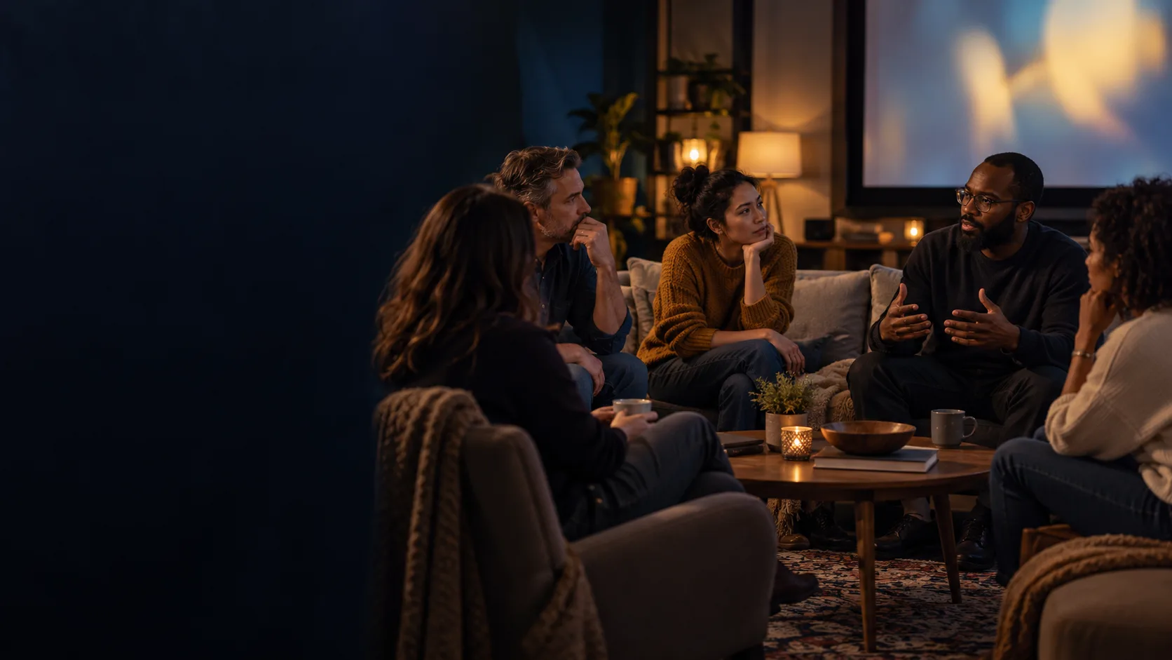 A small group listening to a facilitator during a documentary discussion at home