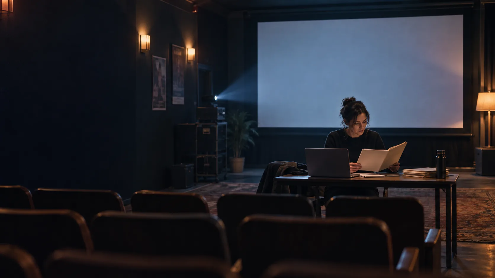 A documentary screening organizer reviewing event details in a small cinema