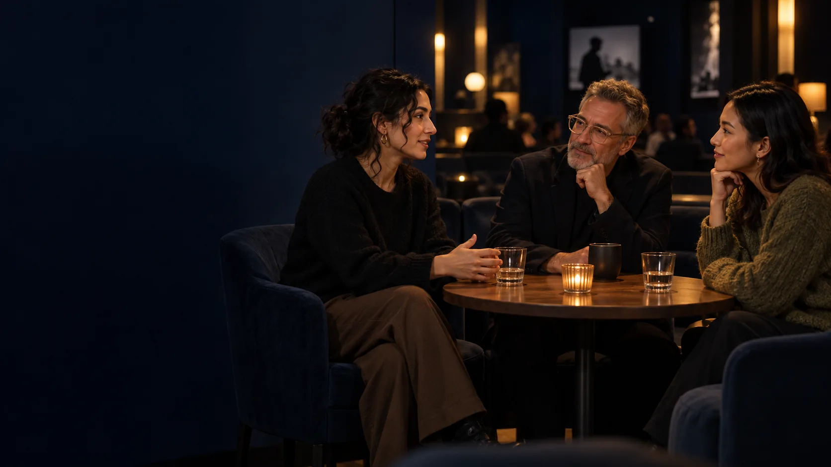 Illustrative photograph of three people listening and speaking together after a film screening