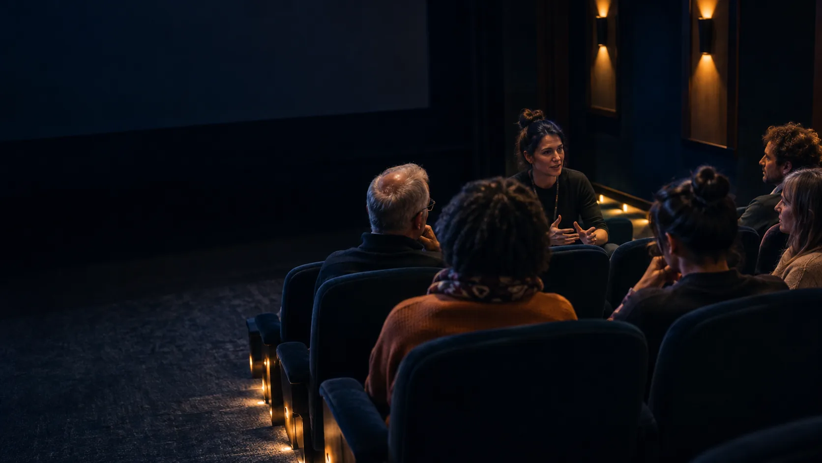 Illustrative photograph of a small group discussing a documentary after a screening