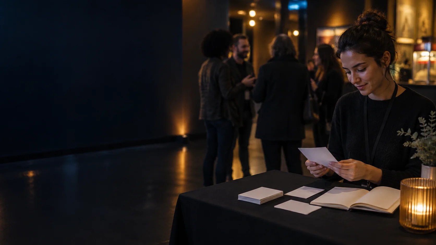 Illustrative photograph of a facilitator reviewing anonymous feedback after a film screening