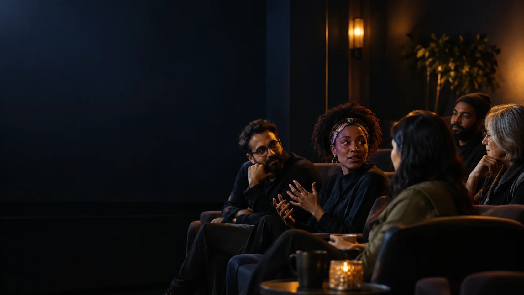 Community organizers talking together in a small documentary screening room
