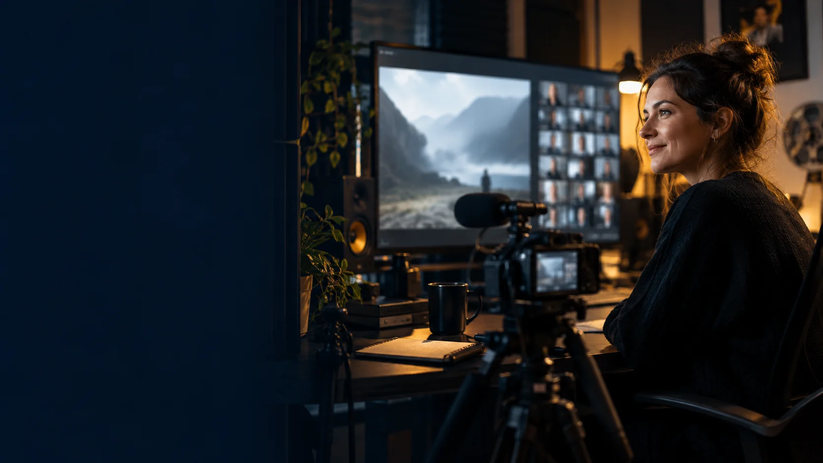 A filmmaker preparing a camera and microphone for an online documentary premiere