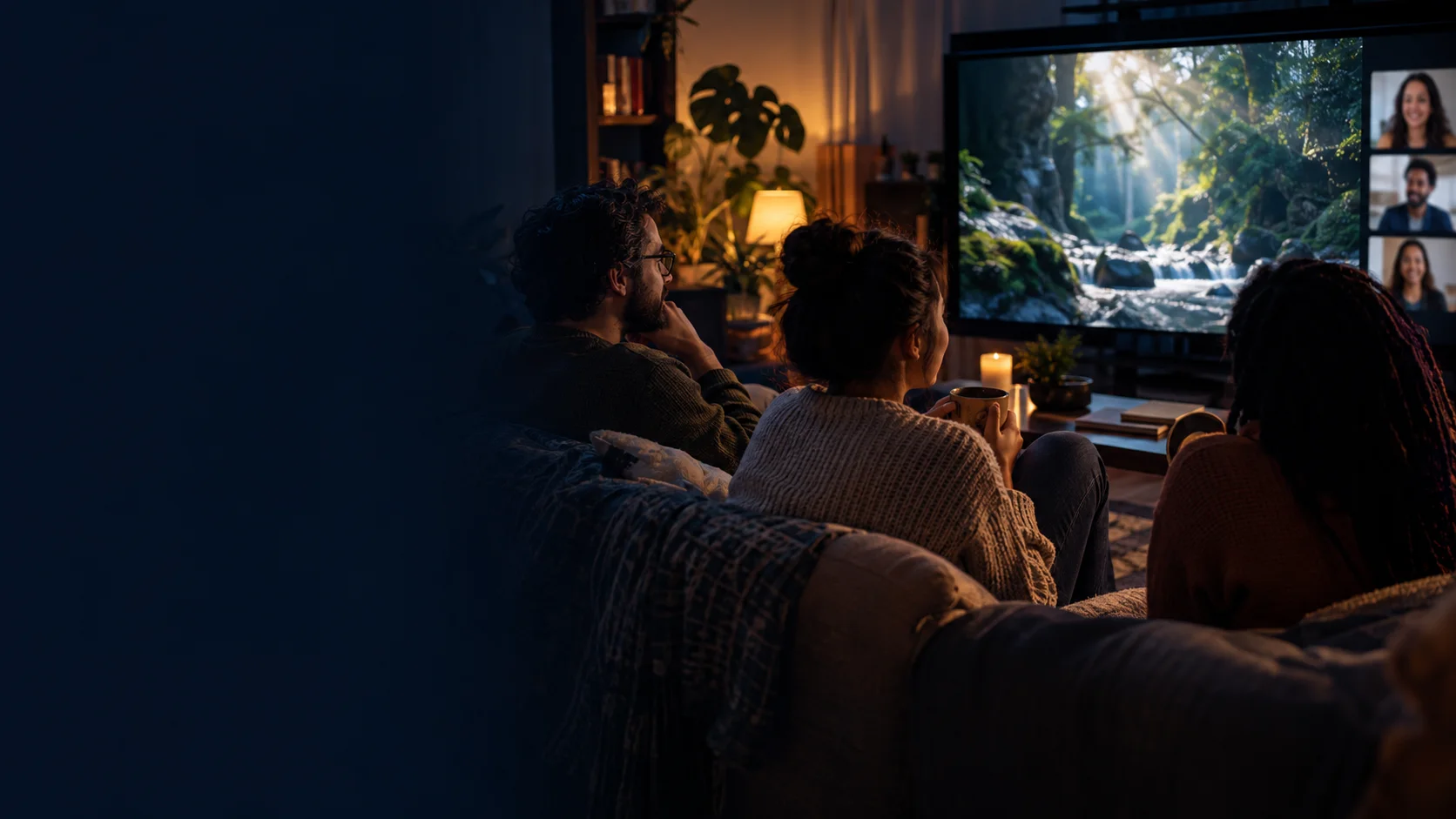 Friends watching an online documentary screening together at home