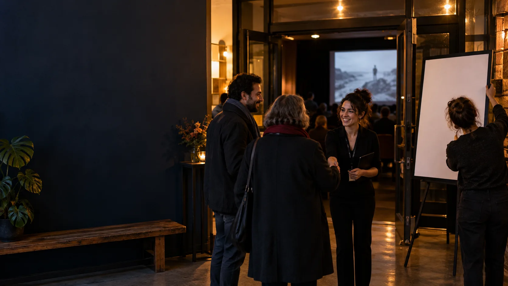 A community screening host welcoming guests at a documentary film event